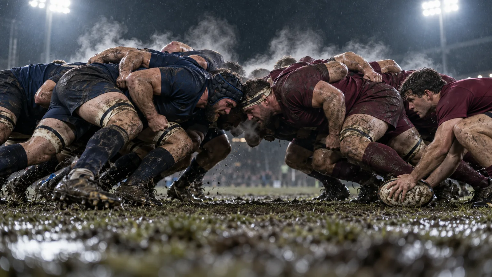 Two packs of players locked together in a muddy scrum under floodlights, steam rising between them in the rain.